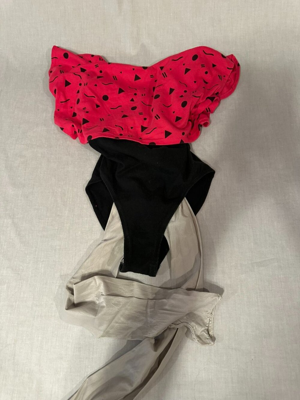 vintage aerobics one piece leotard size Med and shimmery light gray nylons